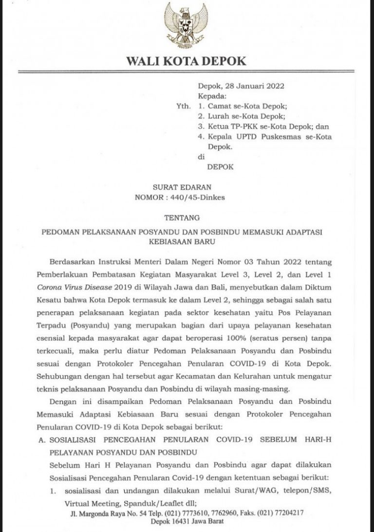 SE Pedoman Posyandu dan Kebiasaan Baru di Keluarkan Pemeritah Kota Depok