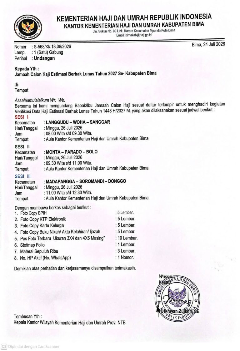 Calon Haji Estimasi Berhak Lunas 2027 di Kabupaten Bima Diundang Ikuti Verifikasi Data